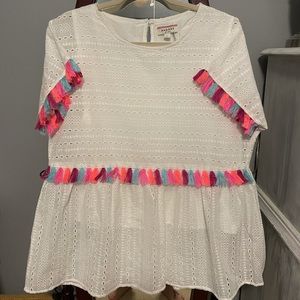 Nwot white eyelet top with bright neon tassels